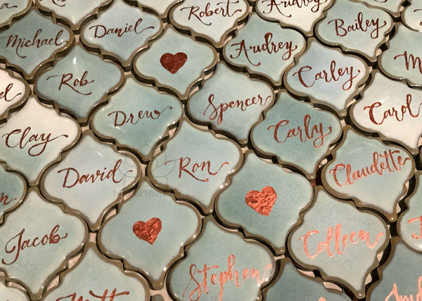 Calligraphy Metallic Coper Names on Soft Sage Arabesque Lantern Tiles - Inspired With Love