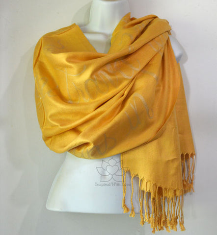 Custom Honey Gold scarf with Metallic Gold script. Your color choices with preferred text. Inspired With Love